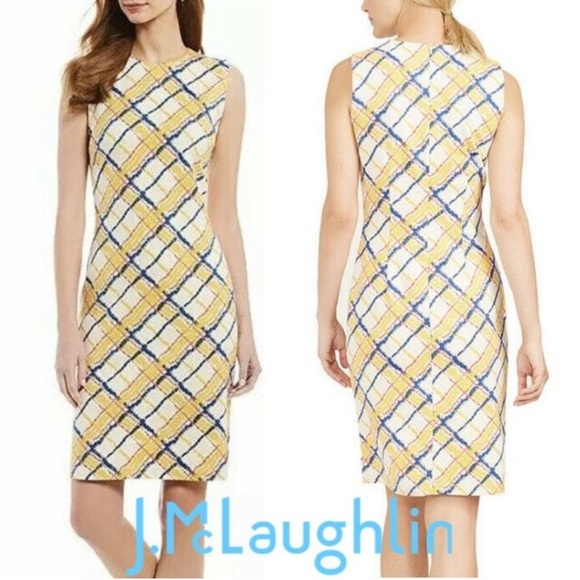 J. McLaughlin Dresses & Skirts - J. McLAUGHLIN Med Devon Slvls Crew Neck Bainbridge Fit 
Yellow Navy Chalk Plaid